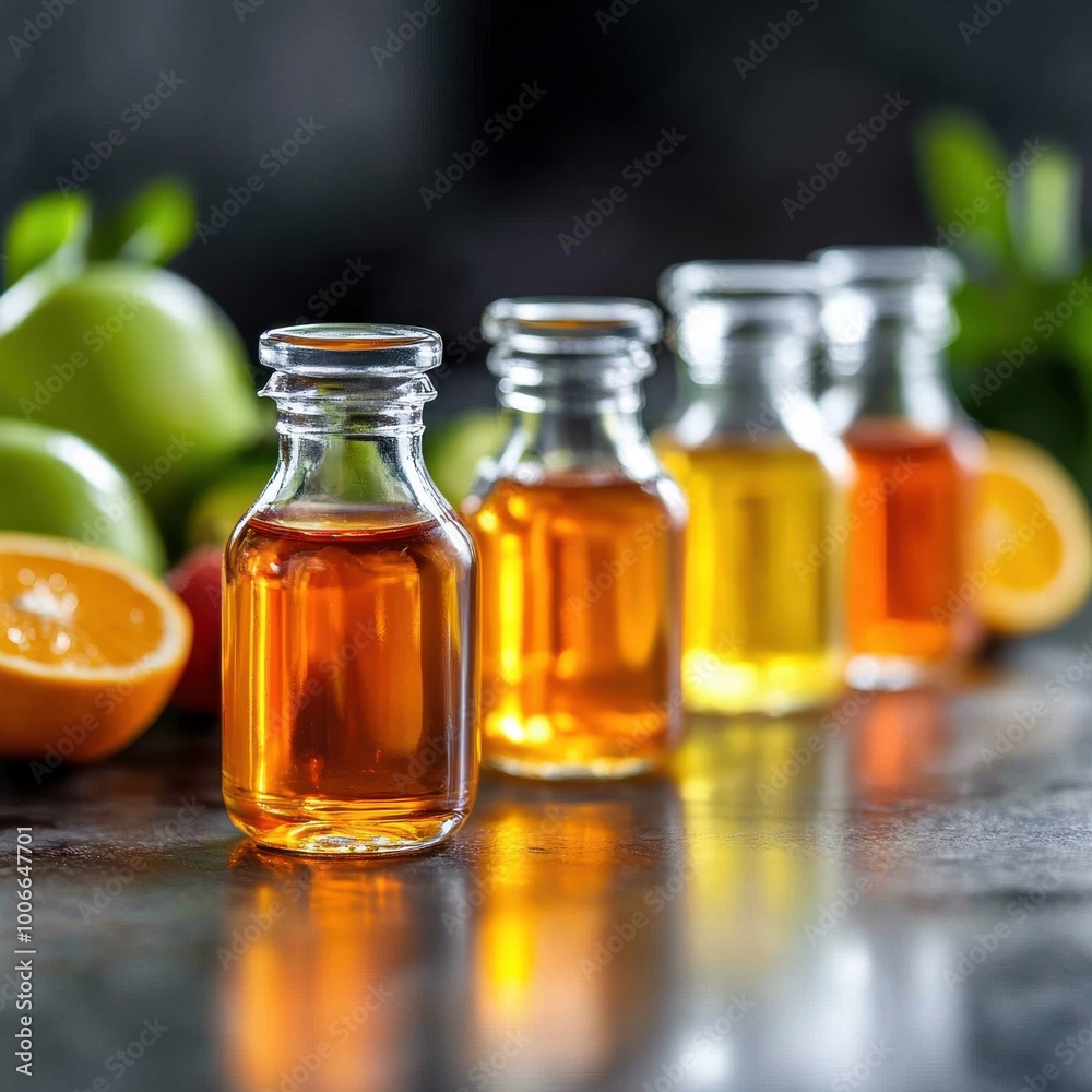 Fresh Fruit Extracts in Glass Bottles on Table