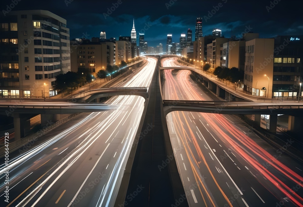 Long exposure of a busy highway at night with blurred car lights creating a swirling pattern Long exposure of a busy highway at night with blurred car lights creating a swirling pattern