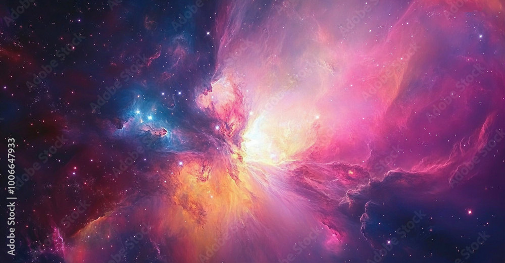 Obraz premium A beautiful nebula with stars and galaxies in the background, with copy space on one side. A colorful galaxy with pink, purple, blue, red, and orange colors. 