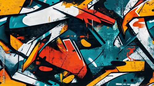 Wallpaper Mural A bold street art piece with dynamic shapes interlaced with energetic brush strokes in orange, blue, red, and black tones. Torontodigital.ca
