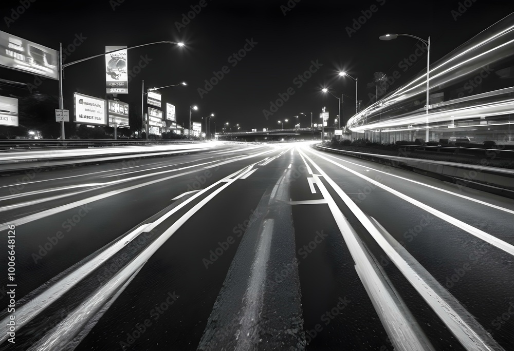 Long exposure of a busy highway at night with blurred car lights creating a swirling pattern