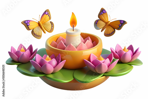 Loy Krathong Festival Illustration: Glowing Butterflies and Lotus Flowers in a Magical Scene - Stock Image for Celebrating Thai Tradition