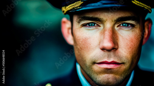 A close-up portrait of a Navy soldier from the USA, wearing a dress uniform with insignia visible, looking confidently into the camera.