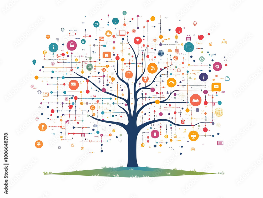 Flat AI-Powered ESG Community Decision Tree Concept: Macro View of AI-Generated Choices Representing Sustainable Outcomes in a Smart Business Context Flat AI-Powered ESG Community Decision Tree Concept: Macro View of AI-Generated Choices Representing Sustainable Outcomes in a Smart Business Context