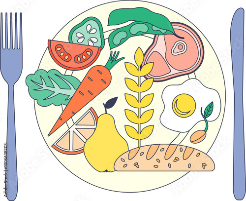 Illustration of a balanced diet plate divided into sections with vegetables, fruits, grains, protein, and dairy.