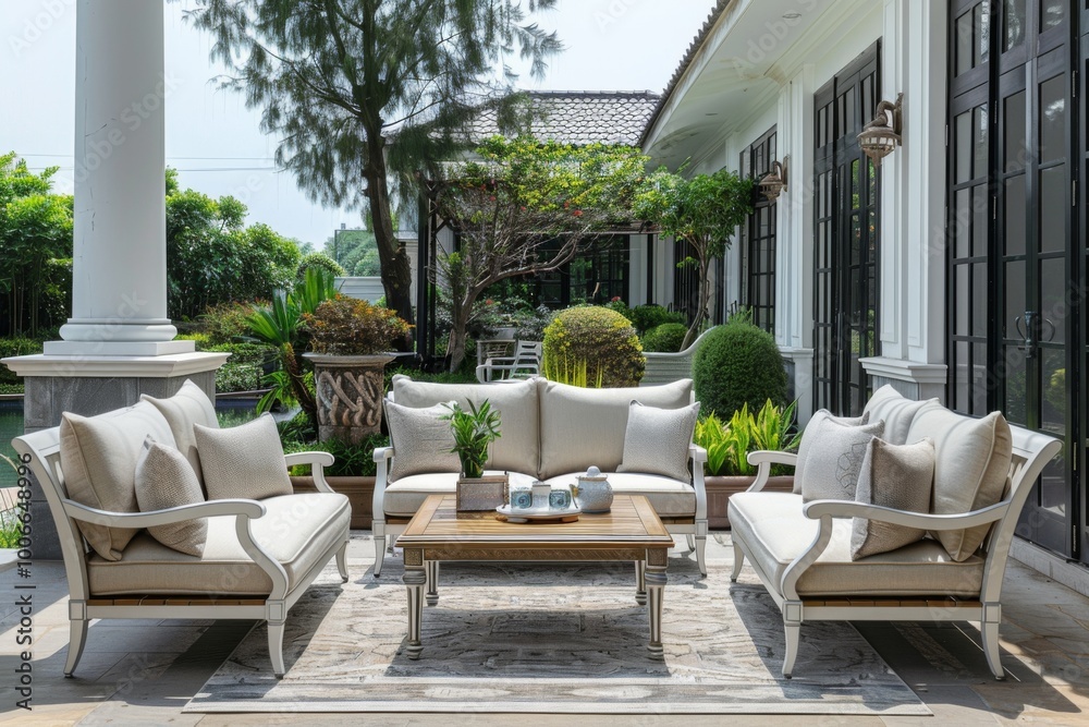 Obraz premium American Style Patio with 4-Piece Outdoor Furniture Set, White Metal Frame, Light Wood Accents, Large Garden Area, Comfortable Seating for Backyard or Terrace