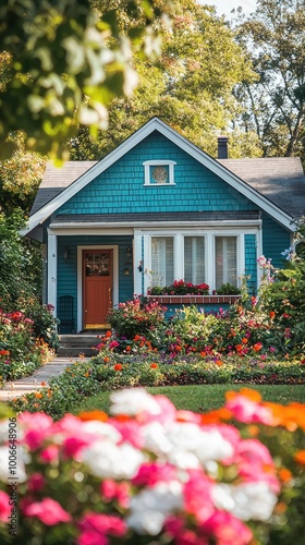 Charming blue house surrounded by vibrant flowers, showcasing a picturesque garden and inviting front porch in a serene setting.