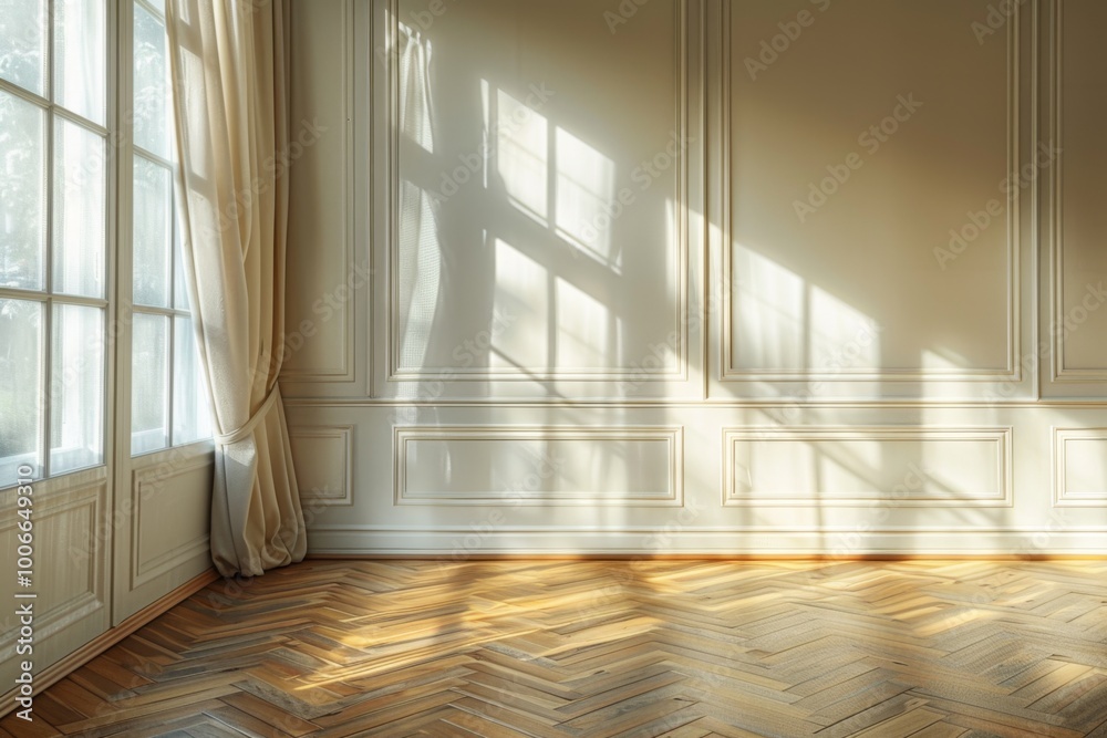 Frontal View of Empty Wall with Parquet Floor, Sunlit Window and Curtains, Soft Shadows, Minimalistic Interior Design, High Resolution Photography