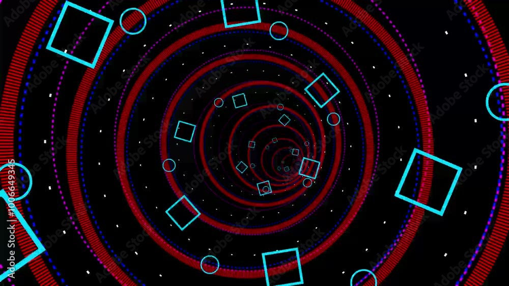 Hi-tech neon sci-fi tunel. Trendy neon glow lines form pattern and construction in mirror tunnel. Fly through technology cyberspace.