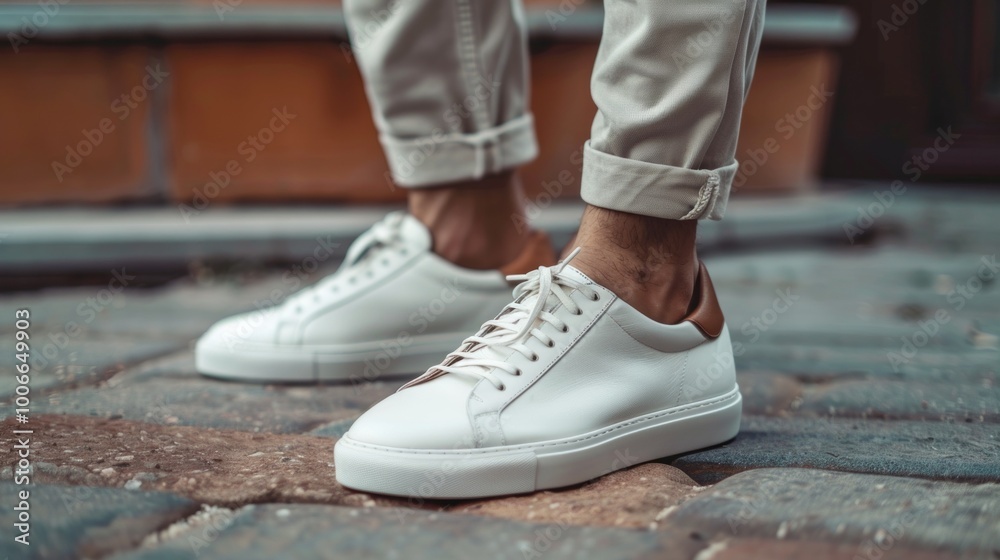 A man is wearing a white shoe with a brown sole