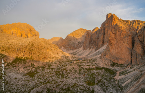 Rosengarten Catinaccio massif, Dolomites. Spectacular view of Dolomites mountains, Antermoia, Alto Adige, South Tyrol, Italy, Europe photo