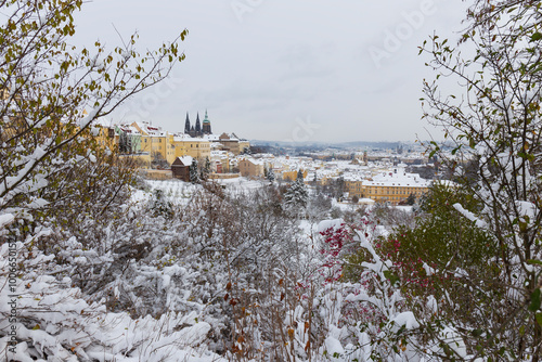 Obraz na płótnie Snowy Prague City with gothic Castle from the Hill Petrin, Czech republic w salonie