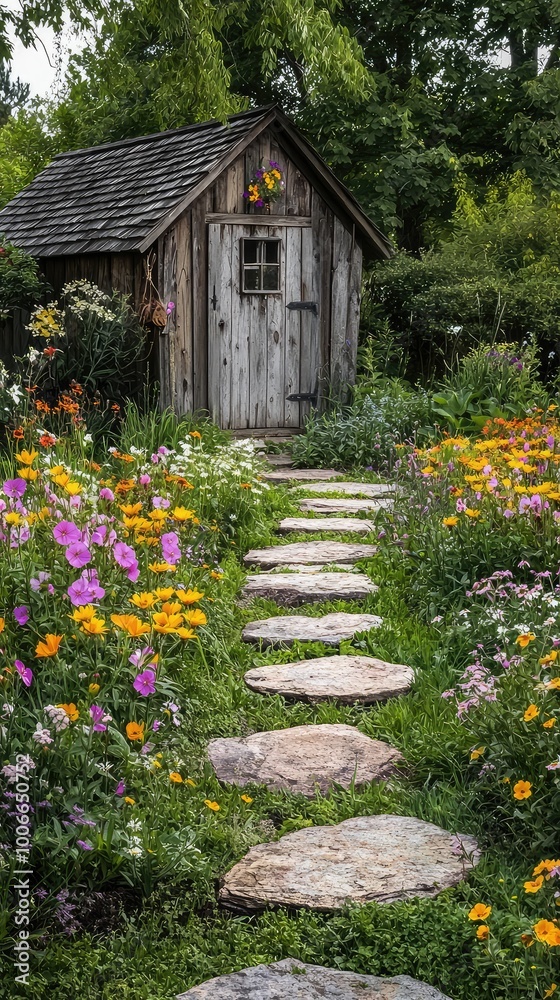 Charming garden pathway leads to a rustic wooden shed, surrounded by vibrant flowers and greenery, creating a serene outdoor escape. Charming garden pathway leads to a rustic wooden shed, surrounded by vibrant flowers and greenery, creating a serene outdoor escape.