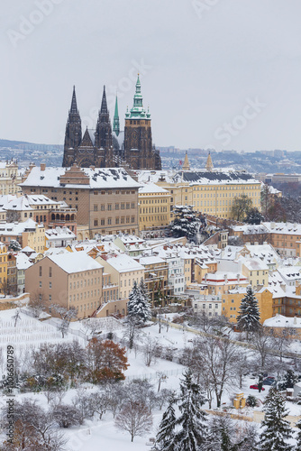Obraz na płótnie Snowy Prague City with gothic Castle from the Hill Petrin, Czech republic w salonie