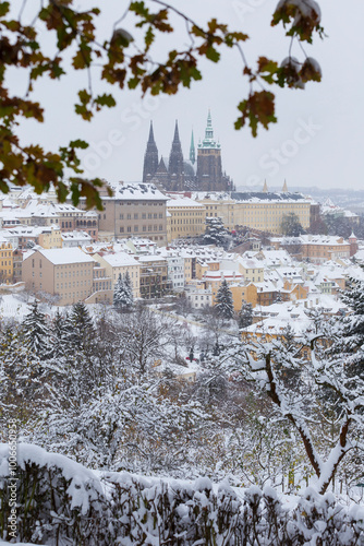 Canvas Print Snowy Prague City with gothic Castle from the Hill Petrin, Czech republic