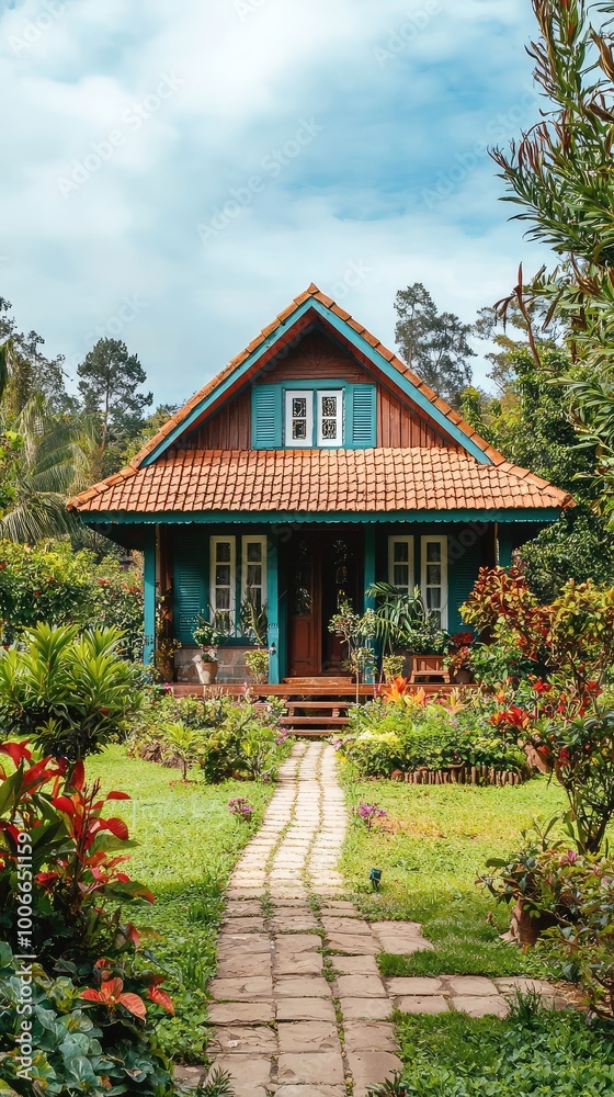 Charming house surrounded by lush garden greenery, featuring vibrant flowers and serene pathways in a peaceful setting.