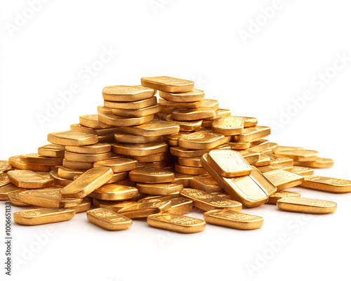 A pile of gold coins on a white background. The coins are of different sizes and shapes, but they all have a similar color and shine. Concept of wealth and abundance
