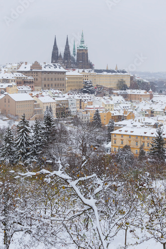 Obraz na płótnie Snowy Prague City with gothic Castle from the Hill Petrin, Czech republic w salonie