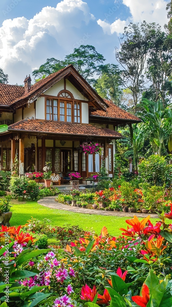 Charming house surrounded by vibrant flowers and lush greenery, set against a beautiful sky and serene landscape. Charming house surrounded by vibrant flowers and lush greenery, set against a beautiful sky and serene landscape.