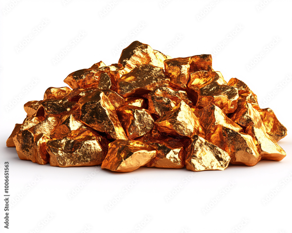 A pile of gold rocks on a white background. The gold rocks are shiny and have a metallic appearance. The pile is large and covers most of the white background A pile of gold rocks on a white background. The gold rocks are shiny and have a metallic appearance. The pile is large and covers most of the white background