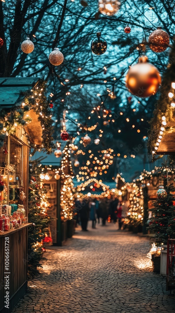 Obraz premium Charming night scene of a festive market, adorned with glowing lights, colorful ornaments, and a cozy atmosphere during the holiday season.