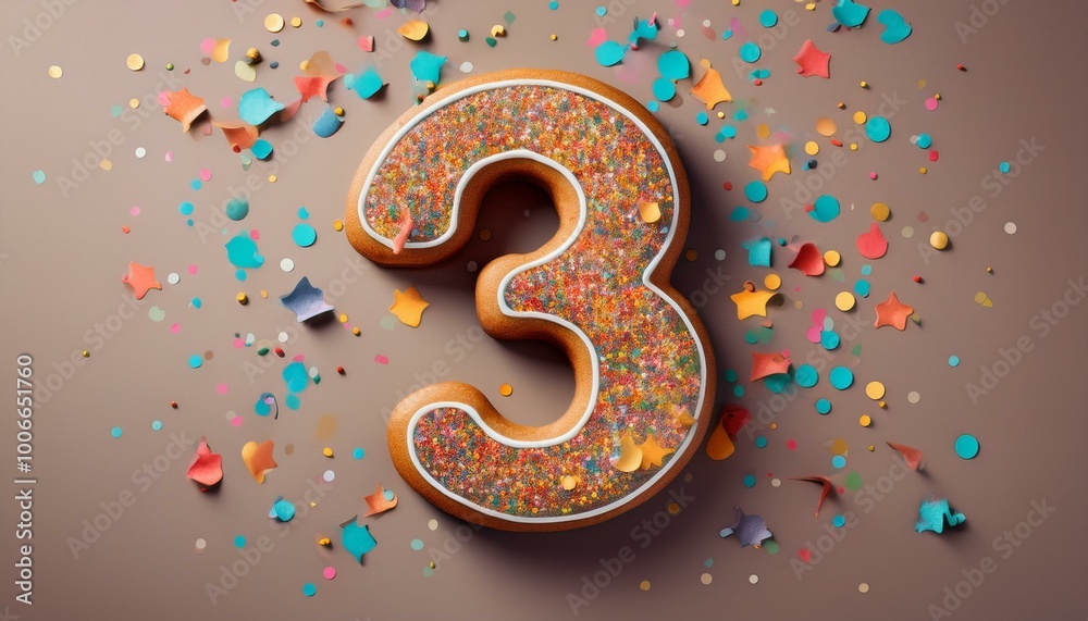 Decorated cookie, number 3, illustration for birthday or anniversary Decorated cookie, number 3, illustration for birthday or anniversary