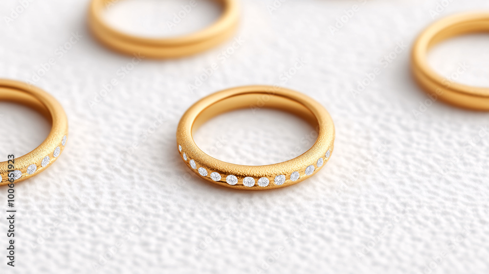 A row of gold rings with diamonds on them. The rings are lined up next to each other A row of gold rings with diamonds on them. The rings are lined up next to each other