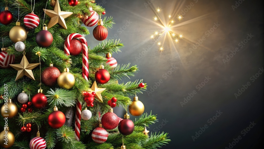 A beautifully decorated Christmas tree with candy canes, golden stars, and vibrant red ornaments. A beautifully decorated Christmas tree with candy canes, golden stars, and vibrant red ornaments.