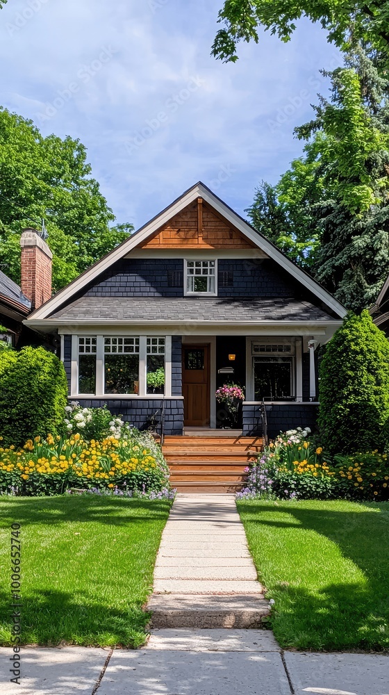 Charming suburban house with a welcoming entrance and vibrant flowers, surrounded by lush greenery and clear blue skies. Charming suburban house with a welcoming entrance and vibrant flowers, surrounded by lush greenery and clear blue skies.