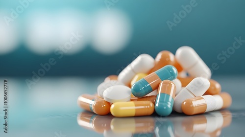 Assorted Medicinal Pills Scattered on Reflective Glass Surface Abstract Medical Concept