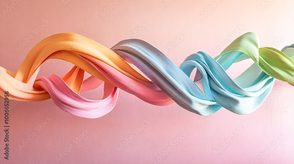 Flowing silk ribbons in pastel colors create beautiful, dynamic composition against soft gradient background, evoking sense of elegance and movement Flowing silk ribbons in pastel colors create beautiful, dynamic composition against soft gradient background, evoking sense of elegance and movement