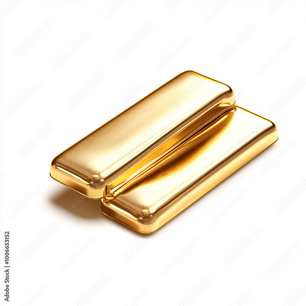 Two gold bars are shown on a white background. The bars are shiny and appear to be of high quality Two gold bars are shown on a white background. The bars are shiny and appear to be of high quality