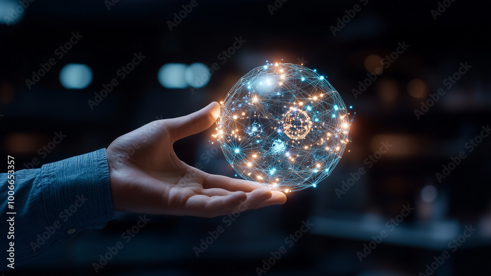 Fototapeta premium Touching the Digital World, Global Connectivity in Your Hand, data analysis, management, and global communication