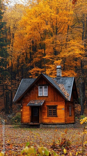 Charming wooden cabin surrounded by vibrant autumn foliage, nestled in a serene forest setting, perfect for cozy getaways.