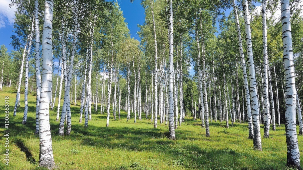 Obraz premium Serene Grove of Birch Trees Under Blue Sky