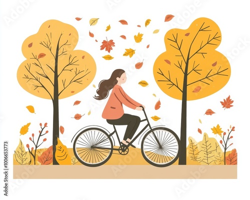 Young woman riding a bicycle in autumn clothes with a forest background. Leaves fluttering in the wind. Colorful flat illustration. photo