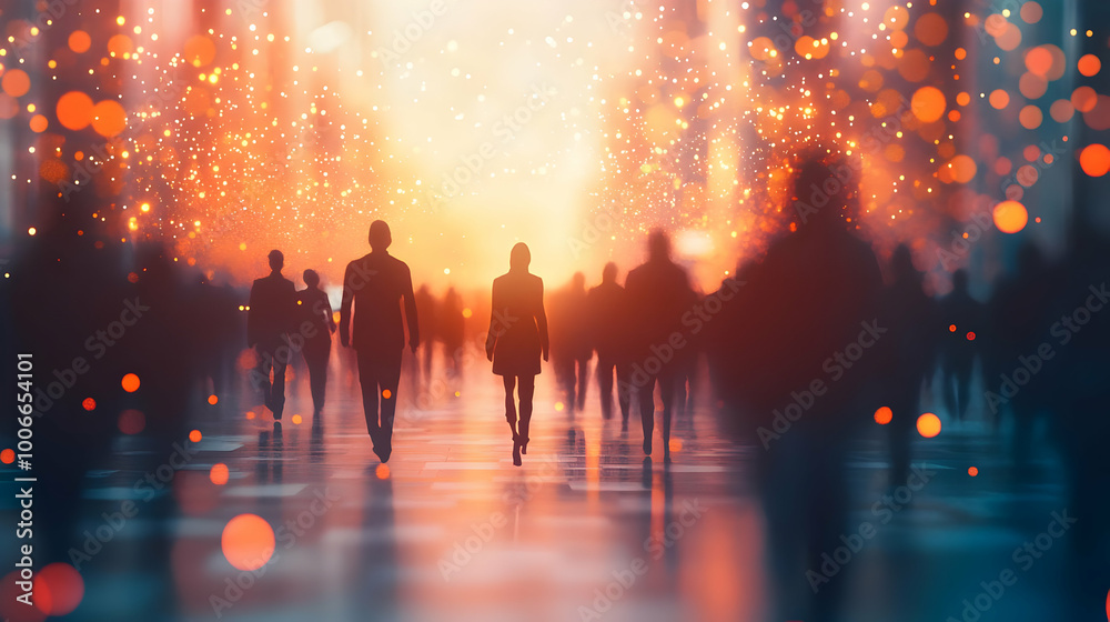 3D Abstract Digital Art: Silhouettes Connecting in Business Network with Soft Bokeh Lights - Modern Community Concept for Advertising & Banners