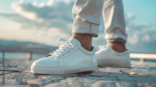 A man wearing white shoes and white pants stands on a stone walkway