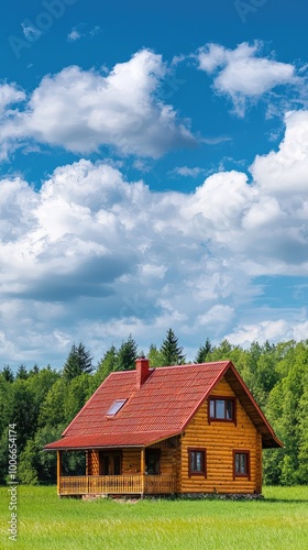 Wallpaper Mural Charming wooden house set in a beautiful green landscape under a bright blue sky with fluffy clouds, creating a serene atmosphere. Torontodigital.ca