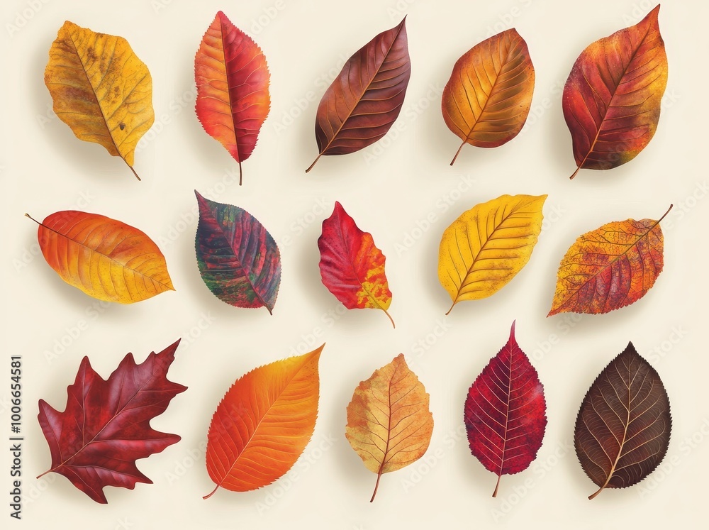 Isolated autumn leaves on a white background. Herbarium.