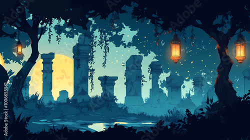 Enchanted forest ruins with twisted trees and glowing lanterns at dusk revealing remnants of an ancient civilization. Vine-Covered Ruins. Illustration photo