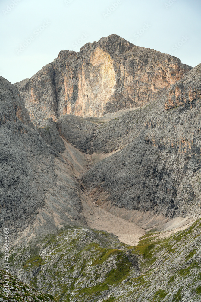 Obraz premium Alpine landscape from Rosengarten Catinaccio massif, Dolomites, Italy. Spectacular view in the Dolomites mountains, Alto Adige, South Tyrol, Italy, Europe