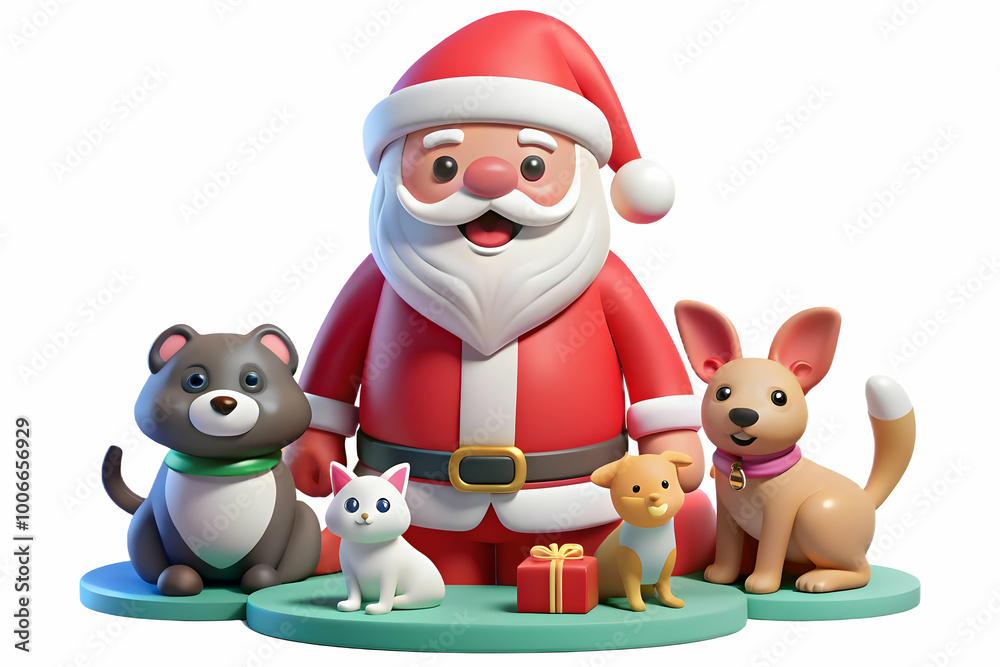 Flat Santa Surrounded by Joyful Pets: Playful Holiday Interactions in a Bright Glossy Setting - Perfect for Festive Greetings! Flat Santa Surrounded by Joyful Pets: Playful Holiday Interactions in a Bright Glossy Setting - Perfect for Festive Greetings!