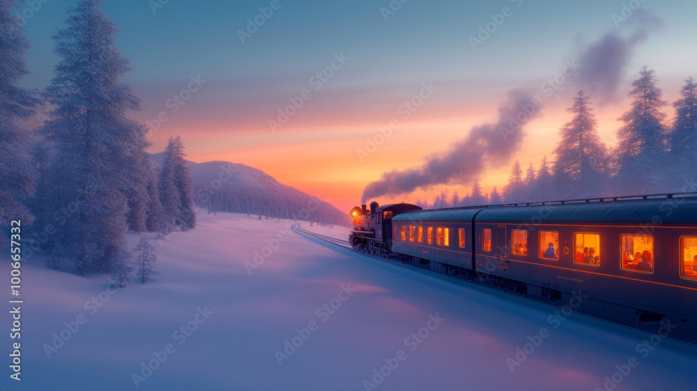 The Polar Express steams through a magical winter sunrise. The Polar Express steams through a magical winter sunrise.