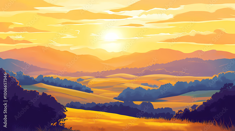 Breathtaking sunrise over tranquil countryside landscape, golden light illuminating rolling hills and meadows. Rolling Meadows. Illustration Breathtaking sunrise over tranquil countryside landscape, golden light illuminating rolling hills and meadows. Rolling Meadows. Illustration