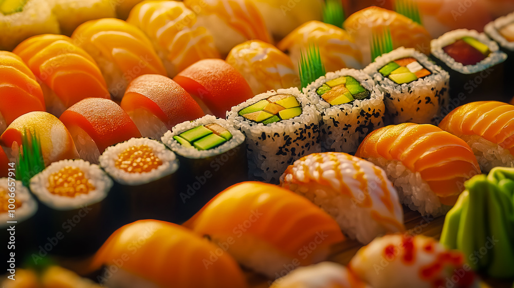 Beautifully arranged platter of sushi and rolls, featuring a variety of fresh fish, rice, and seaweed. Beautifully arranged platter of sushi and rolls, featuring a variety of fresh fish, rice, and seaweed.