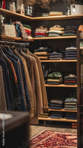 Cozy boutique interior showcasing a collection of neatly arranged clothing and accessories on display shelves.