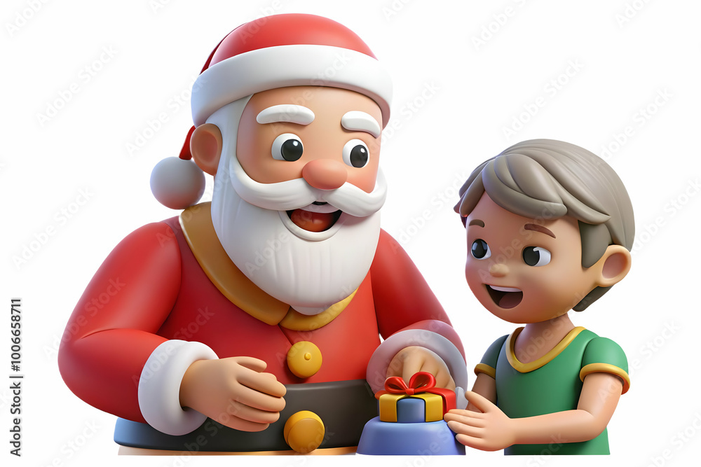 3D Santa Giving Gifts to Children: Heartwarming Scene of Joy with Excited Kids Receiving Presents - Icon on White Background 3D Santa Giving Gifts to Children: Heartwarming Scene of Joy with Excited Kids Receiving Presents - Icon on White Background