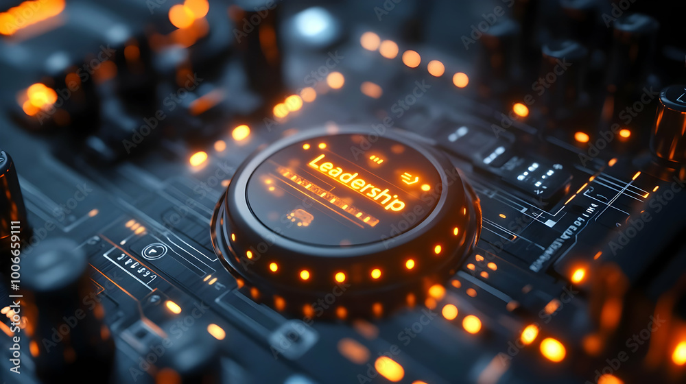 3D Close-Up of Glowing 'Leadership' Button on Futuristic Control Panel - Representing Decision Making in Modern Business Operations