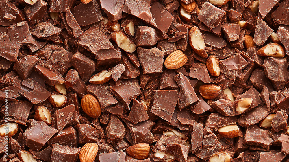 a close-up, top-down view of diced milk chocolate with nuts spread across the entire frame, filling the image with its creamy brown color and crunchy texture in irregular pieces a close-up, top-down view of diced milk chocolate with nuts spread across the entire frame, filling the image with its creamy brown color and crunchy texture in irregular pieces